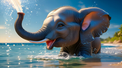 Obraz premium Elephant Is Bathing in Sea Water, National Animal, Religious Animal, world wildlife day, International Wildlife Week, Generative Ai