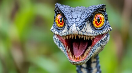 Close up of a small, stylized prehistoric reptile head, with vibrant yellow eyes and an open mouth displaying sharp teeth. The reptile's skin appears