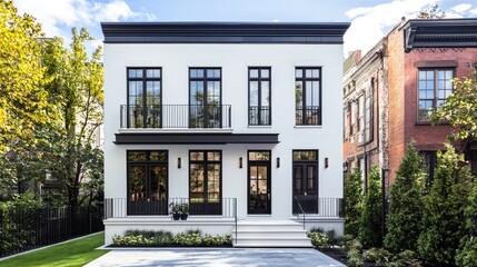 Obraz premium Modern White House with Black Accents in Urban Setting