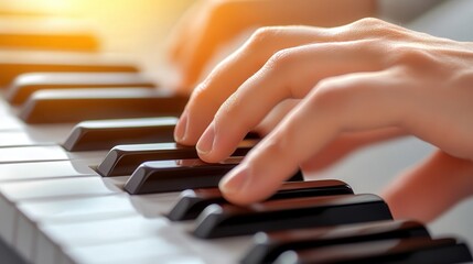 Fototapeta premium hands passionately playing a piano solo, the movement of the fingers creating a sense of rhythm and elegance under soft lighting