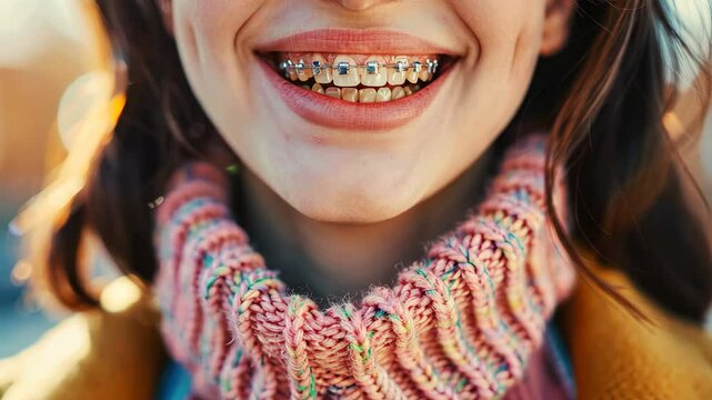 Beautiful girl wear metal ligature braces system. Orthodontic treatment concept. White teeth smile closeup. Health care. Dental service. Bite alignment close up. Happy young woman with brackets.