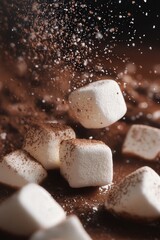 marshmallows floating on a rich hot cocoa surface, with a dusting of cocoa powder and a background of holiday cheer