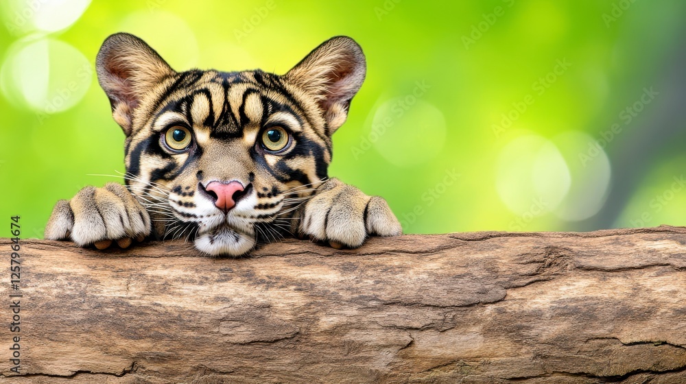 Poster close up of a clouded leopard cub looking curiously over a large tree trunk in a bright, bokeh fille