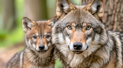 Fototapeta premium Close up of a wolf and its pup, both with light brown and gray fur, set against a softly blurred background of green forest trees. The pup's face is