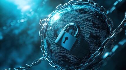 Digital security concept with a globe made of binary code wrapped in chains and a padlock, symbolizing data protection and cyber defense.