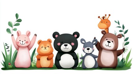 Naklejka premium Cute cartoon animals, including a bear, giraffe, rabbit, and others, positioned together in a row. The animals are painted with soft pastel colors