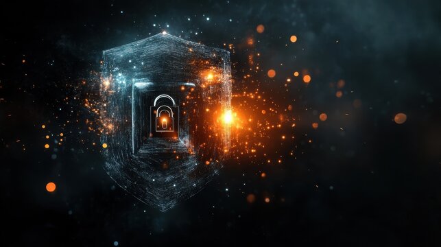 Digital security shield with lock, glowing particles on dark background.