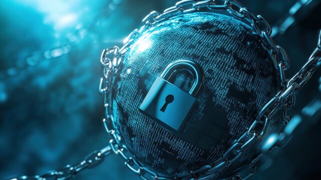 Digital security concept with a globe made of binary code wrapped in chains and a padlock, symbolizing data protection and cyber defense.