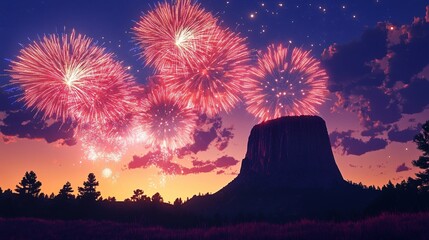 beautiful display of fireworks with Devils Tower national monument silhouetted in the background