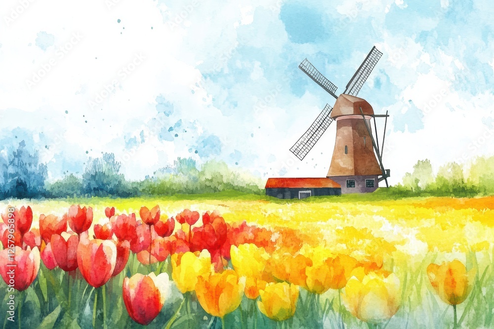 Poster Experience vibrant spring colors in tulip fields with a charming windmill backdrop. Generative AI