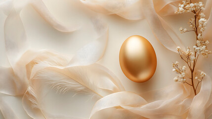 Fototapeta premium Golden Egg with Delicate Beige Ribbon and White Flowers on a Soft Background