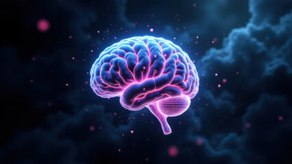 An AI-inspired illustration featuring a human brain set against a cosmic backdrop with swirling clouds and stars.