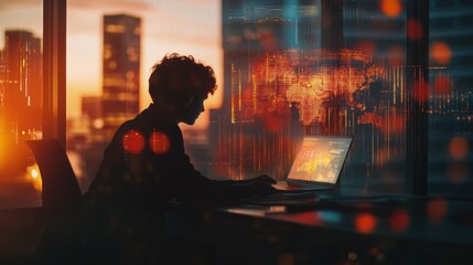 Hacker using laptop in blurry office interior with creative glowing business chart and map hologram on blurry background. Business data, hacking and market concept. Double exposure