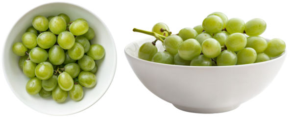 Fresh green grapes in white bowls bundle isolated on a transparent background