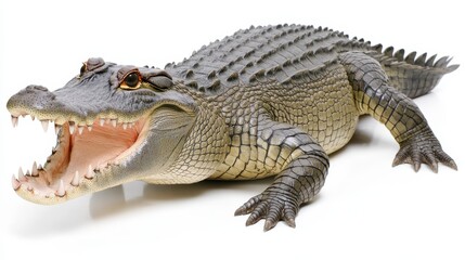 Fototapeta premium Full body studio shot of a large reptile, mouth wide open, set against a pure white background. The reptile's skin displays a mottled pattern of gray