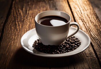 artistic close empty coffee cup surrounded scattered coffee beans wooden table, barista, brew, cappuccino, drink, espresso, flavor, freshness, mocha