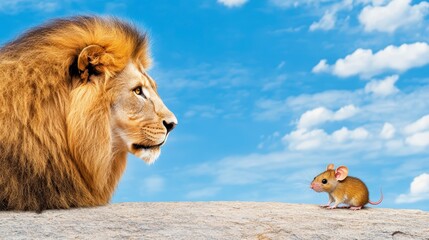 Large cat, facing a small rodent, on a sandy landscape against a bright blue sky with white clouds. The cat is in profile, looking directly at the
