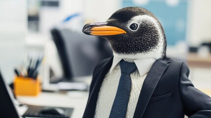 Close-up of a human-like penguin in a business suit in a corporate office. Emphasizing professionalism and diligence. Ideal for business-related themes.
