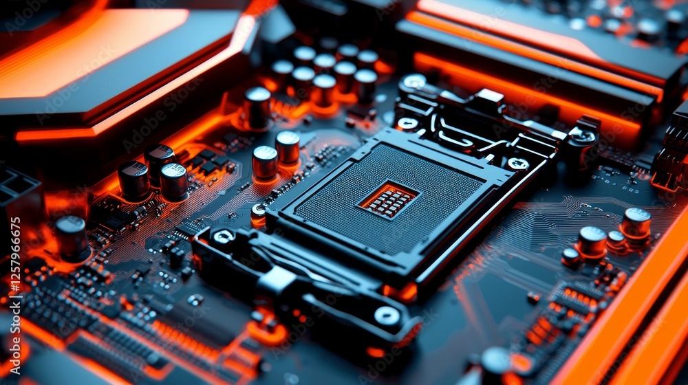 Poster a close-up view of a microchip placed on a circuit board, illuminated by faint orange light, symboli