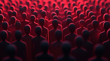 Anonymous Crowd Red Light Illuminated Figures Mass of People 3D Render