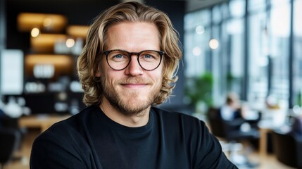 Young man with glasses smiles confidently in a modern cafe during daylight hours while enjoying a pleasant atmosphere