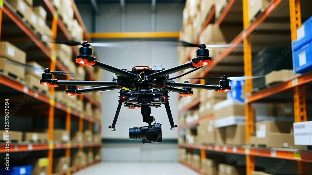 Poster modern drone equipped with high quality camera flying through warehouse, monitoring inventory and op