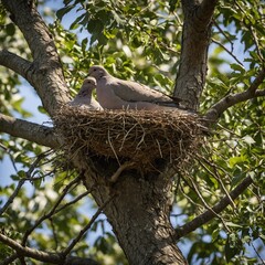 A family of doves building a nest in the crook of a tree.