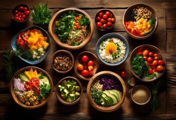 vibrant bowls filled fresh ingredients placed perpendicularly colorful culinary display, vegetables, fruits, foods, colors, arrangement, patterns, styles