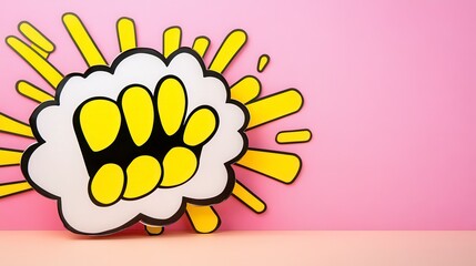 Cartoonish, pixelated paw print graphic in a comic book style speech bubble on a pastel pink and peach background, displaying a vibrant pop art