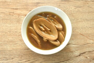 boiled braised slice Chinese bamboo shoot in Chinese herb soup vegetarian food in bowl