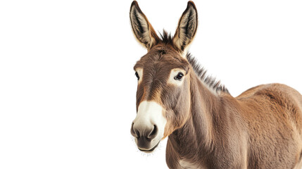 Portrait of a donkey standing on a white background