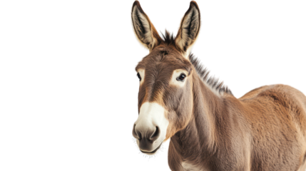 Portrait of a donkey standing on a white background