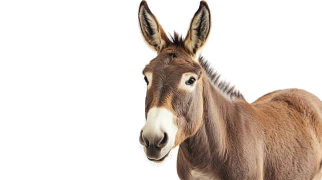 Portrait of a donkey standing on a white background
