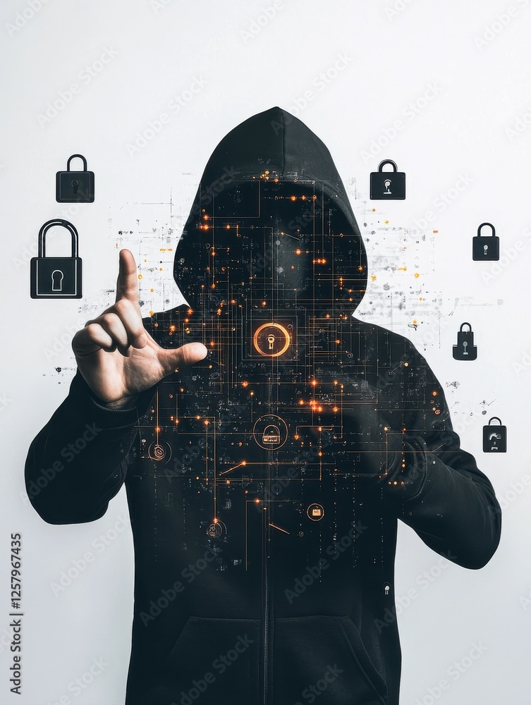 Poster a hacker in a black hoodie holding up their hand with a digital padlock and cyber network on a white