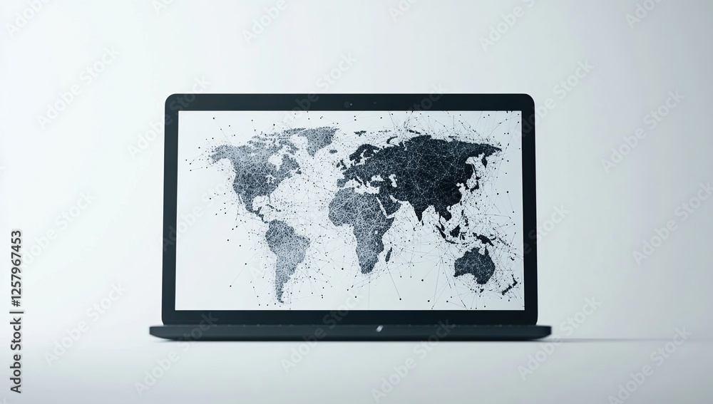 Poster global network: laptop displays interconnected world map, showing digital connectivity across contin