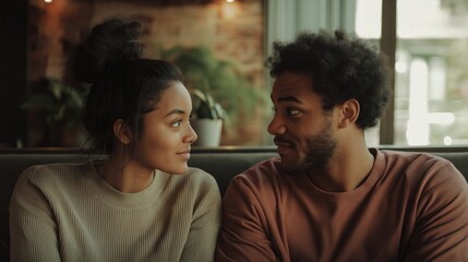 Fototapeta premium In a warm and inviting indoor cafe, two friends exchange smiles and glances, sharing an intimate conversation while savoring the cozy atmosphere. Light filters through windows
