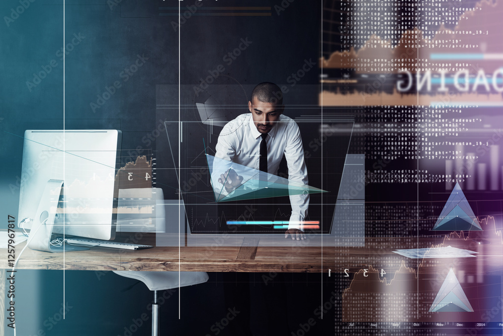 Fototapete Man, programming and digital overlay in studio for software update, system login and coding server. Programmer, online and algorithm script with cyber security, python information and dark background