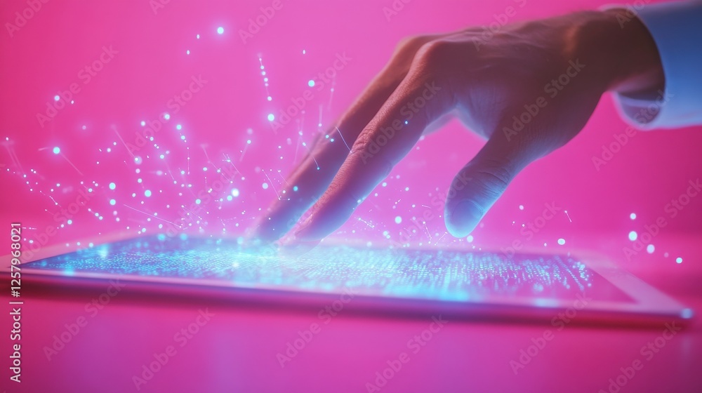 Poster close up of businessman hand using tablet with abstract coding and digital web hologram on pink back
