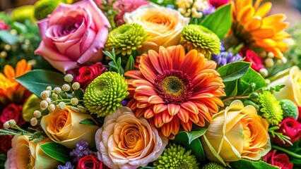 Lush bouquet close-up: vibrant petals, detailed leaves, showcasing nature's beauty in a floral still life.