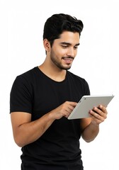 Happy young man using digital tablet wearing plain t-shirt isolated on white background . Ai generative 