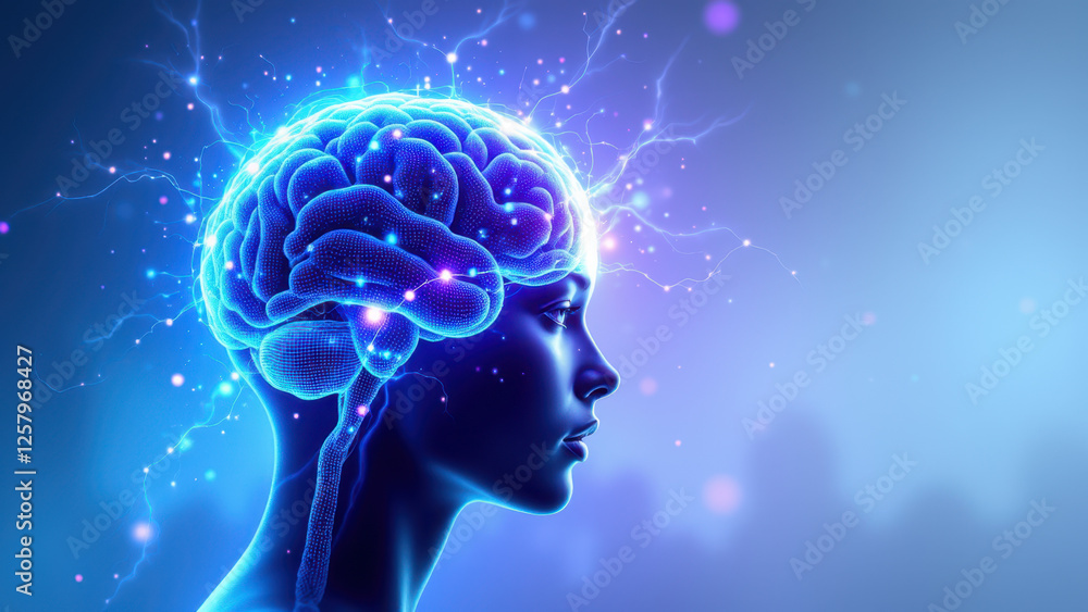 Poster futuristic ai technology with a human brain and colorful energy bursts emanating from it, symbolizin