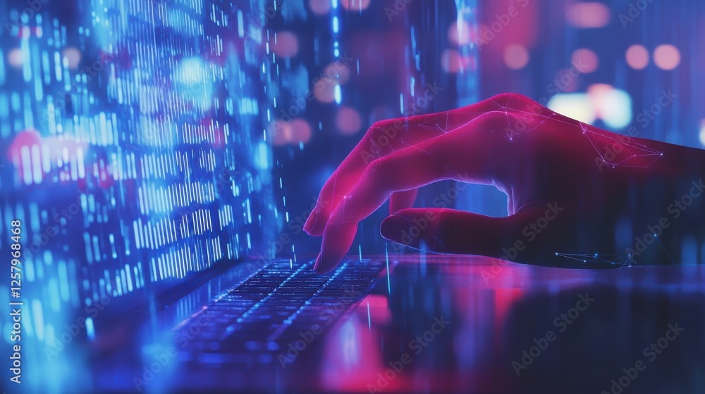 Poster close up of hand using laptop at desktop with abstract glowing blue coding background. binary code, 