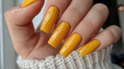 A close-up of perfectly manicured yellow nails on a hand showcasing vibrant nail art.