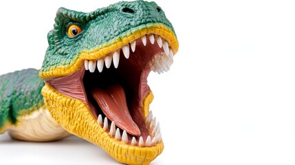 Close up of a plastic toy Tyrannosaurus Rex, mouth wide open, showing teeth and a pink tongue. Bright green, yellow, and cream colors. White