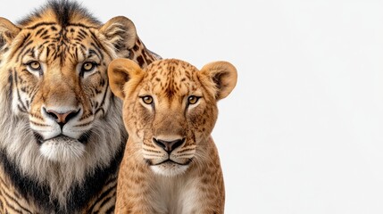 Fototapeta premium Closeup portrait of two large felines, an adult and a smaller cub, set against a plain white background. The animals are facing forward, with