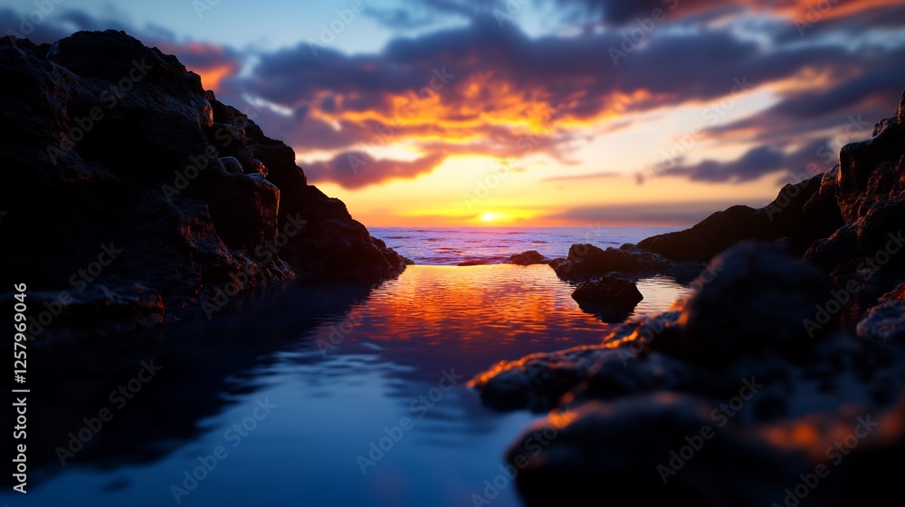 Wall mural Serene seascape reflecting vibrant sunset colors between dark rocks