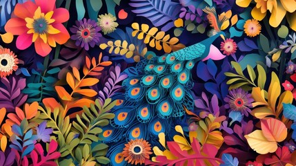 Vibrant peacock amidst colorful paper flowers and leaves.