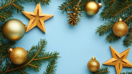 Happy new year background, merry christmas concept, gold decorations baubles in wooden stars with fir tree branches on light blue table pastel background, flat lay copy space, top close up view above