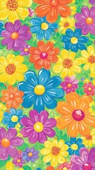 Vibrant Colorful Daisy Flower Meadow Seamless Pattern Background Illustration