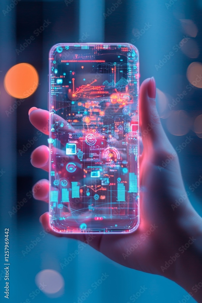 Poster a hand holding a smartphone showing a futuristic holographic interface with digital data and glowing